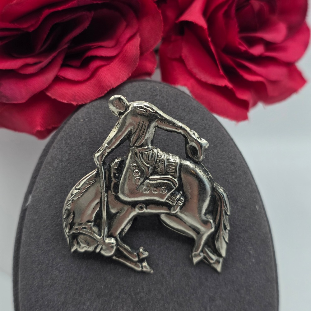 Vintage Silver Tone Bucking Bronco Horse Cowboy Rodeo Brooch Pin Japan Hallmark
